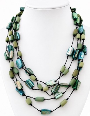 Boho Statement Kette Grün Türkis Muschel Harz Perlen Mehrreihig Damenkette
