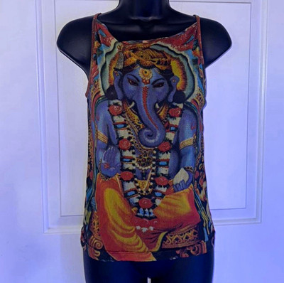 Vivienne Tam Silk Knit Tank Top Multicolor Ganesha Graphic Print Size S-M.