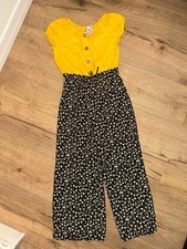 Girls Yellow Floral Jumpsuit Size 12   Puff Sleeve Top  Daisy Print Pants