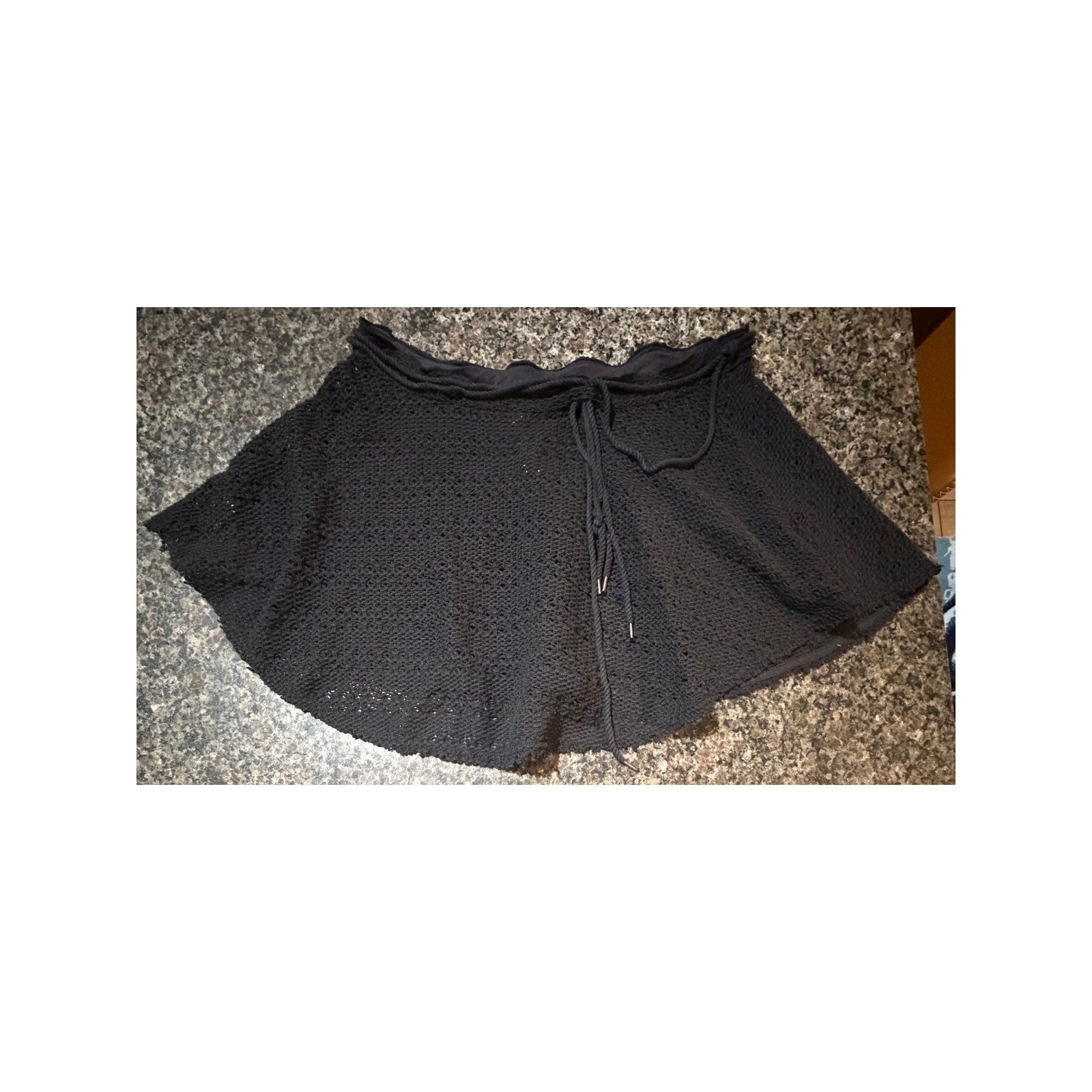 Free People FP Beach Crochet Mini Skirt Black Drawstring Skater Boho Womens M