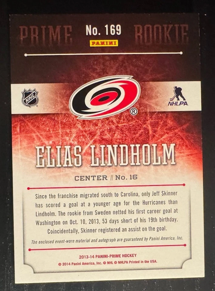 2013-14 Panini Prime - Rookie Patch Autograph Elias Lindholm #121 /199 (AU, RC) - Image 2 of 2