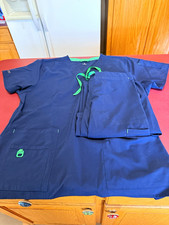 Carhartt women  s Scrub Set Top L Pants S Navy/Green Solid Knit C52110P