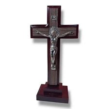 St. Benedict Tabletop Crucifix – 8” Mahogany & Oak Wood Style Cross on Stand ...