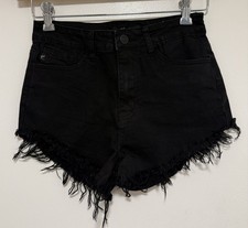 KanCan Denim Jean Shorts Womens Size 7 /27 Black Distressed Frayed Hem