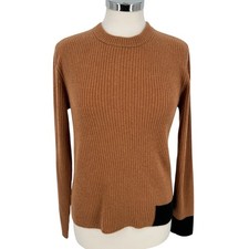 Elie Tahari 100% Cashmere Ribbed Crewneck Sweater Camel Brown Black Size Large