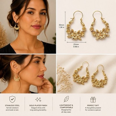 Filigree Flowers Earrings 14k Gold Plated, Made In Mexican Jewerly