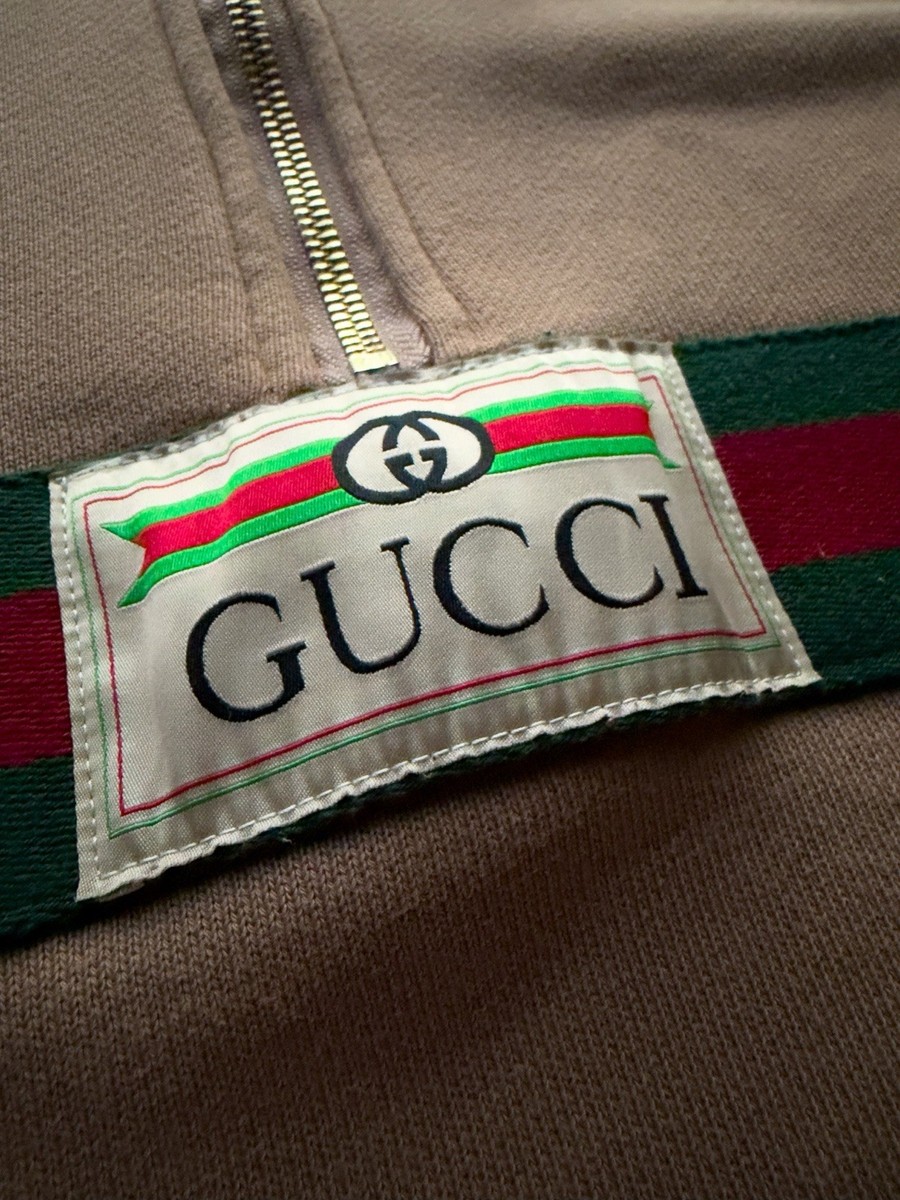 GUCCI ❣️ベージュ パーカー ジッパー付き Gucci Beige Hooded Half Zip Striped Logo Patch Knit Cotton Hoodie