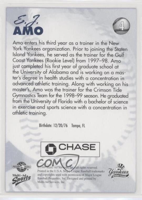 1999 Multi-Ad Sports Staten Island Yankees EJ Amo #4 - Image 2 of 2
