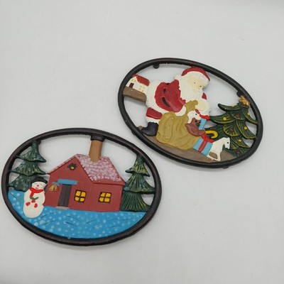 Cast Iron Painted Christmas Santa & Winter Scene House Snowman Trivet Set Of 2