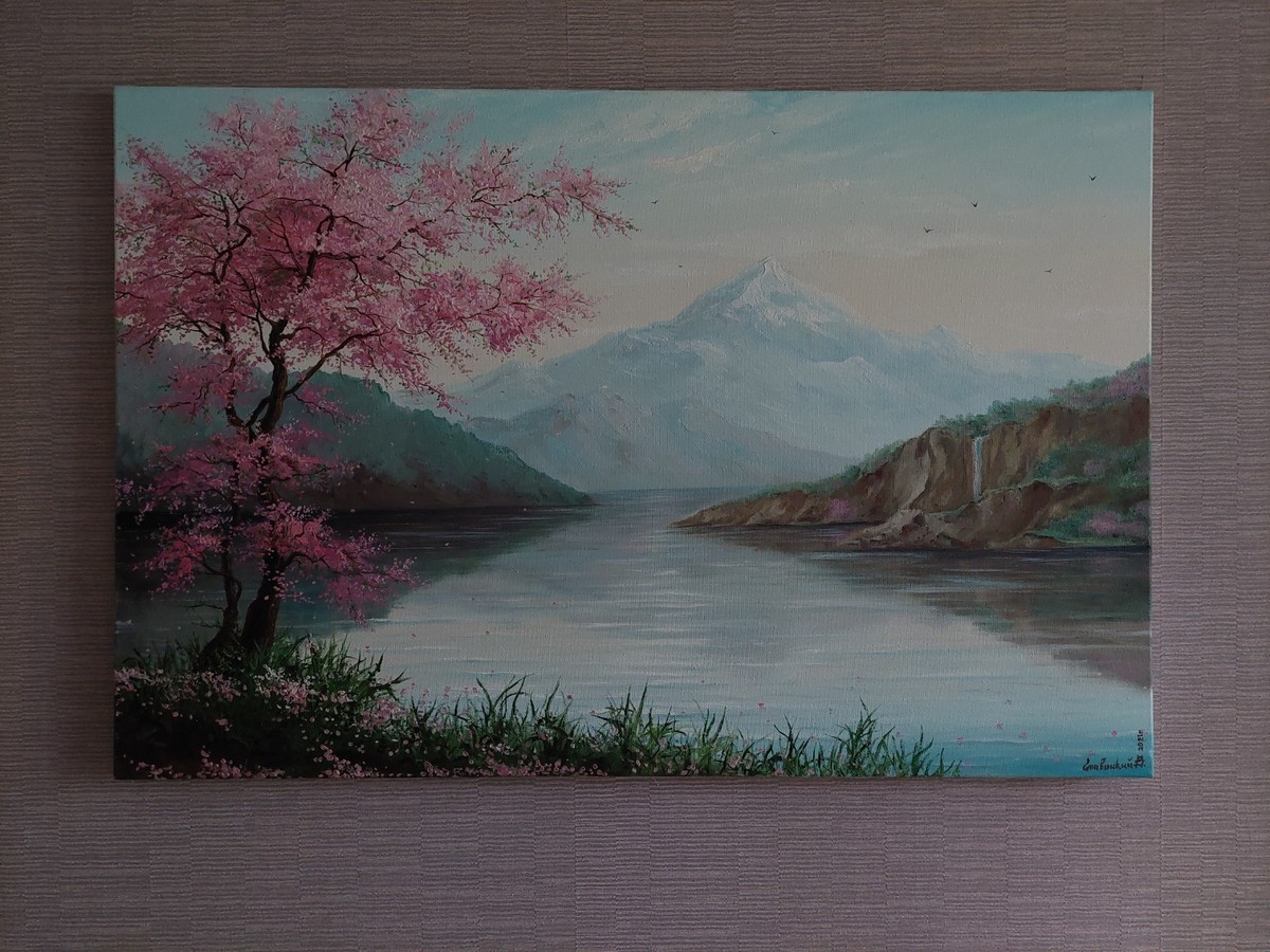 油絵 油彩  絵 絵画【Çherry blossom road】 Pink Cherry- Cherry Blossom Oil Painting- Framed Wall Art