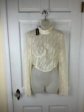PrettyLittleThing Lace Corset Top Cream Long Sleeve Bustier UK 10 US 6 Crop Mock