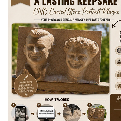 CNC Carved Stone Portrait Plaque Memorial 3D Effect Customized Durable Keepsake