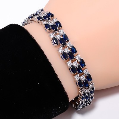 Blue Sapphire -Simulated, CZ 925 Sterling Silver Adjustable Bracelet 7-8'' B3212