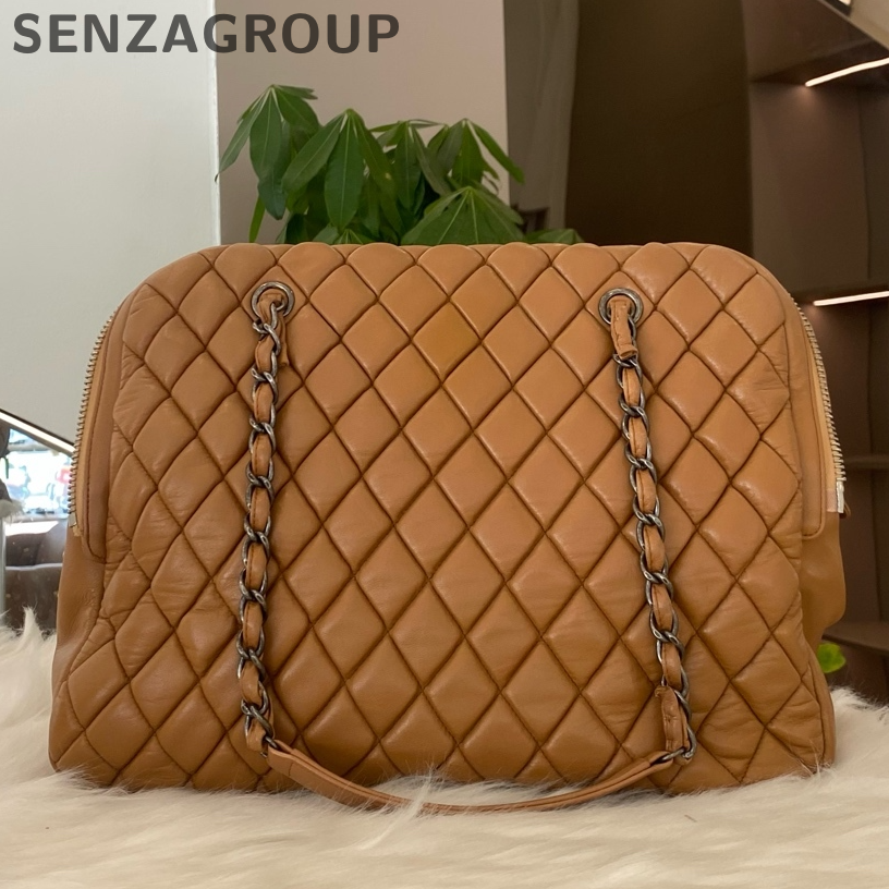 Chanel Puff Tote Chain Shoulder Bag Quilted Brown Silver Classic Women