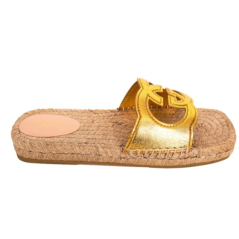 【GUCCI 】CUT Interlocking G Espadrille Slippers ORO VECCHIO 37.5 NEW $660 GUCCI Gold Leather LOGO GG Interlocking Cut