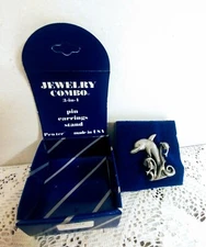 Vtg Torino Pewter Dolphin Jewelry Set Pin, Pierced Earrings & Stand New In Box  