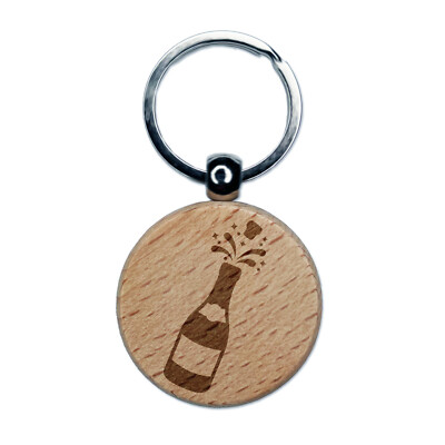Popping Champagne Bottle Celebrate Celebration Engraved Wood Round Keychain
