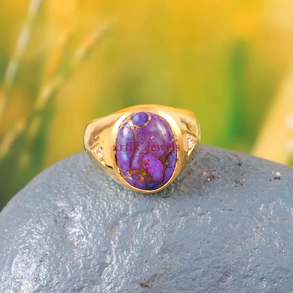 Künstlicher Kupfer Türkis Edelstein Vergoldet 925 Sterlingsilber Ring #5913 - Bild 2 von 4