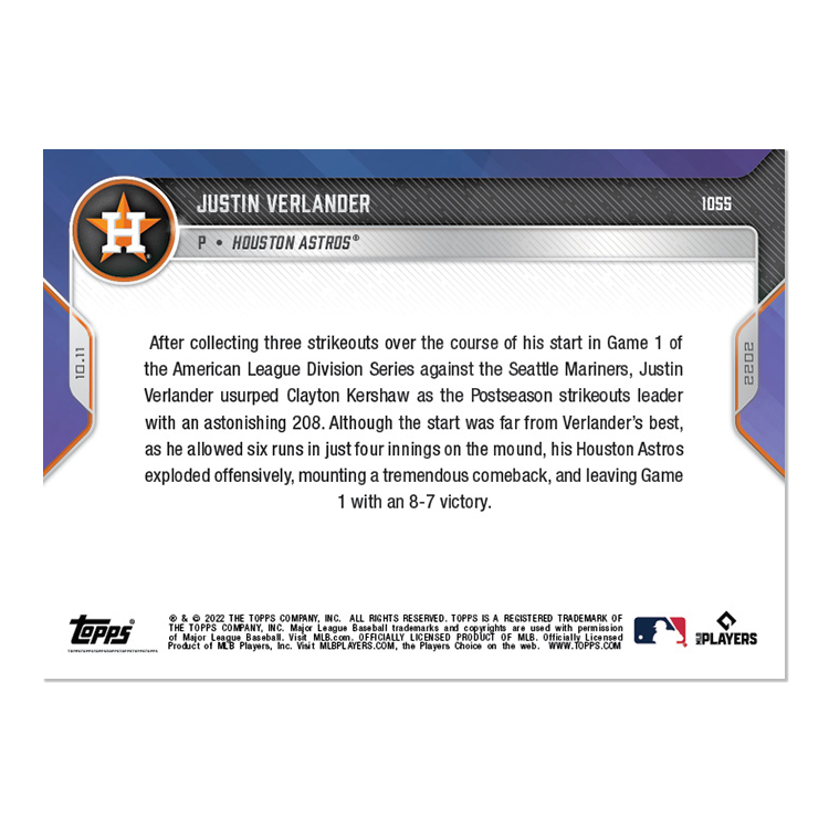 2022 TOPPS NOW 1055 JUSTIN VERLANDER HOUSTON ASTROS POSTSEASON