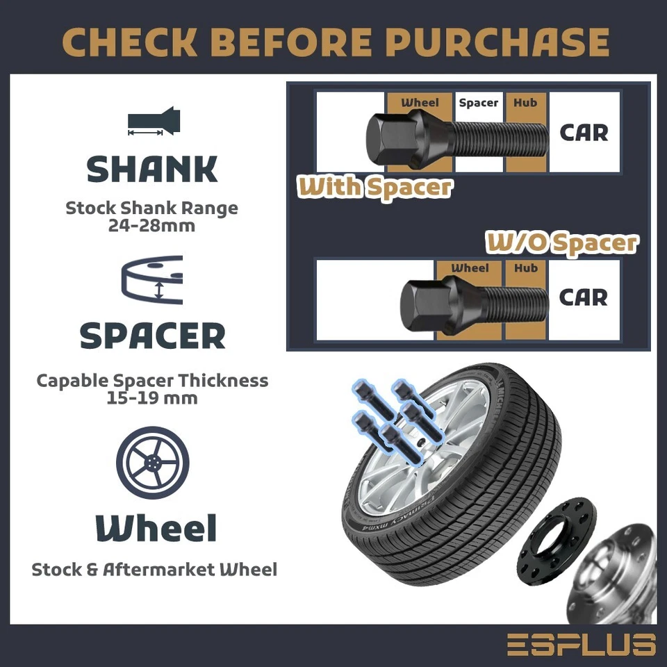 [16]M12x1.5 Black Wheel Lug Bolt 45mm Shank Fit Renault SMART W 15-19mm spacers - Image 3 of 4