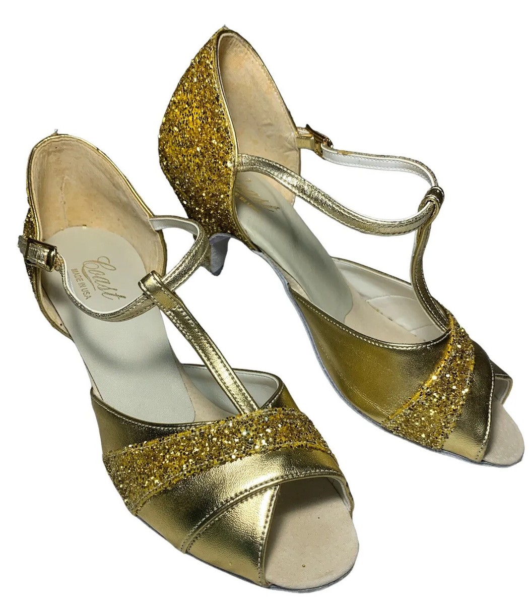 USA Dance Shoes Coast Ballroom Latin Salsa Swing Gold With Glitter Womens  Sz