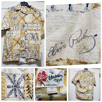 Hilo Hattie Shirt Men Medium Gold Hawaiian Floral Elvis Presley Tapa Music Rock