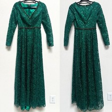 Mac Duggal RARE Emerald V Neck Jeweled Long Sleeve Dress Size 2