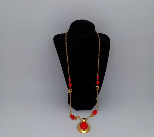 Gold Colored Necklace with some Red Beads & a Red Beaded Pendant - Picture 1 of 2