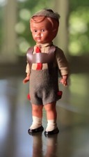 Vintage 50s German Boy Celluloid Doll Blue Lederhosen Hat Feather Germany MCM