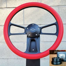 14" Black Billet Steering Wheel Red Vinyl 1974-94 C10 Chevy Pickup Horn+Adapter