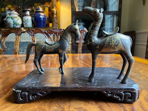 Persian Damascened Gold Inlaid Steel Sculptures of Horse and Camel.