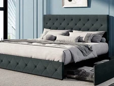 King Platform Storage Bed Frame with 4 Drawers & Adjustable Headboard, Dark Grey
