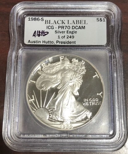 1986-S $1 American Silver Eagle ICG Proof PR70 DCAM AUSTIN HUTTO Black Label