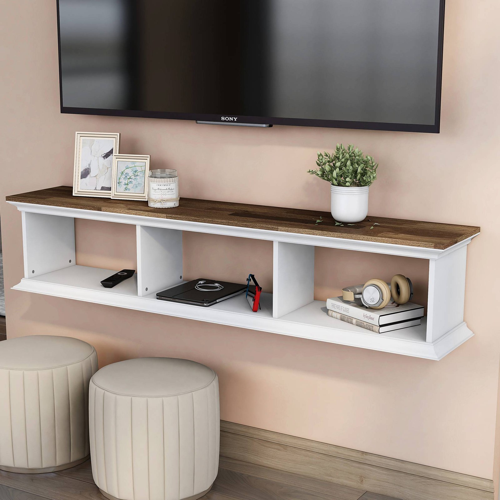 Pauly 63" Wide Hickory White Wood 3-Shelf Floating TV Stand