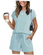 Two Piece Shorts Sets for Women Vacation Trendy Lounge Sets Medium Light Blue