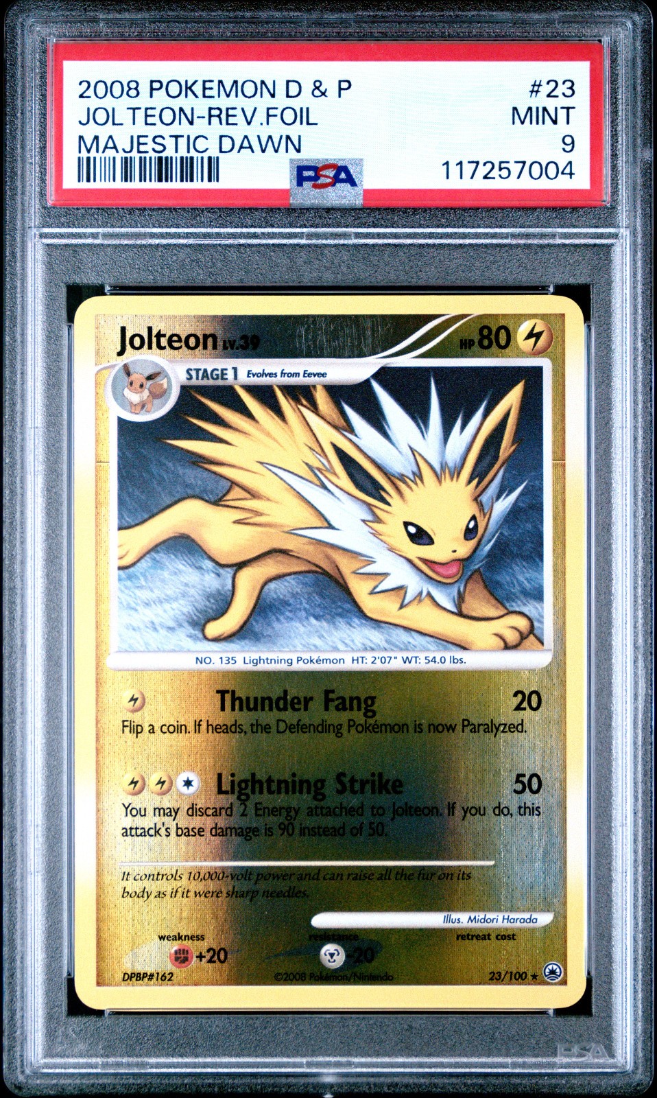 2008 POKEMON MAJESTIC DAWN JOLTEON #23 REVERSE FOIL PSA 9 MINT #117257004