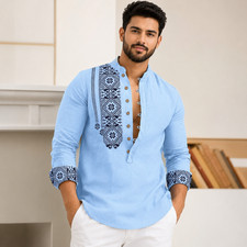 Men's Casual Kurta Shirt Mandarin Collar Embroidered Cotton Blend Regular Fit
