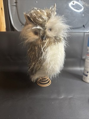 Real Life like Faux Fur Feathers Owl 14 Inches W/ Stand Brown White Gray