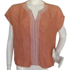 HOUSE OF HARLOW 1960 Top, M, Rust Linen, Embroidered, Split neck, Drop shoulder