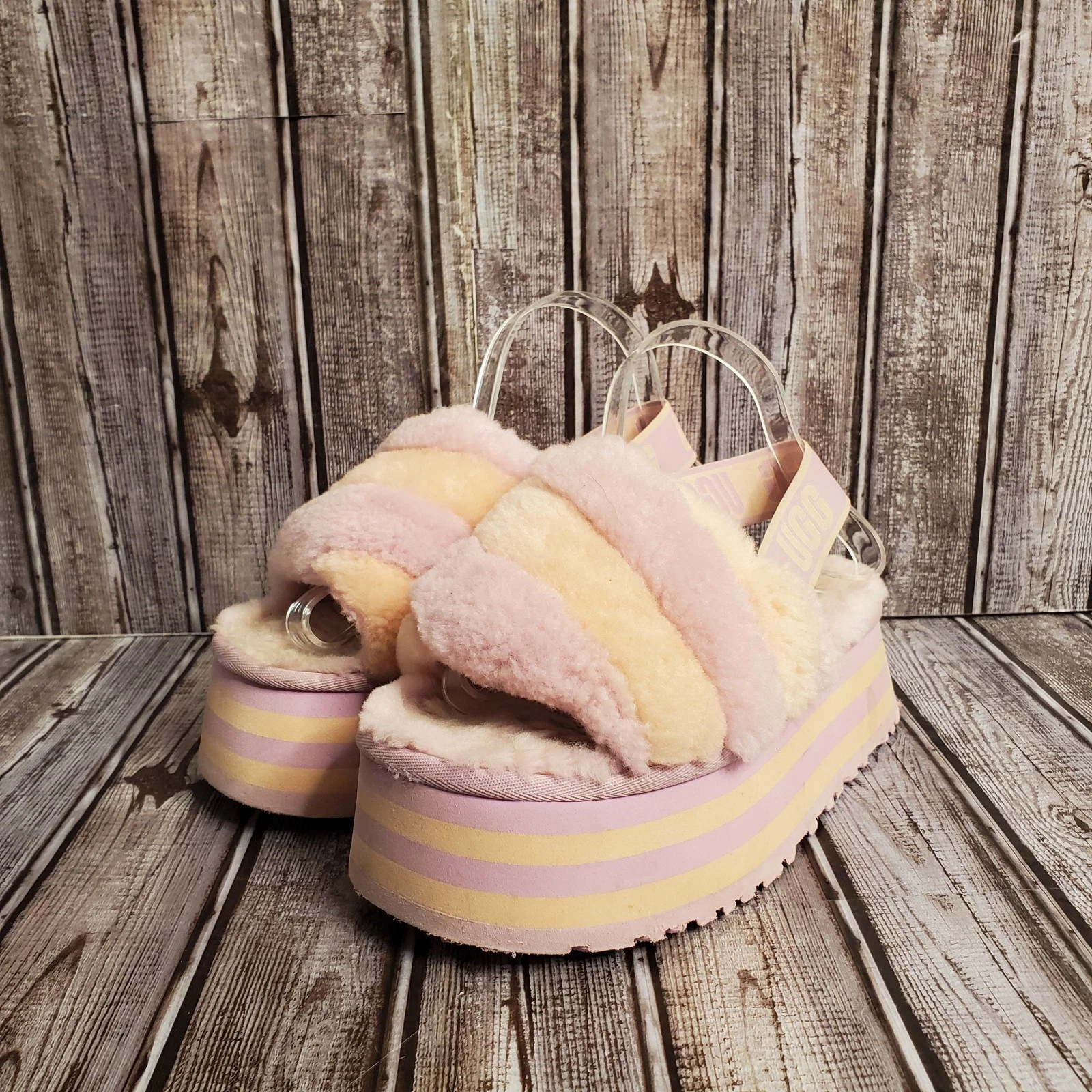 UGG DISCO STRIPE COMBO FLUFF ARANCIONE ROSA SLIDE SANDALI PANTOFOLE TAGLIA 7 DONNA