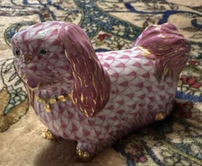 HEREND, PEKINGESE PORCELAIN DOG FIGURINE, PINK FISHNET, FLAWLESS