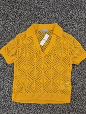 NWT J. Crew Cashmere Lace Pointelle Sweater Polo Yellow Short Sleeve Size Small
