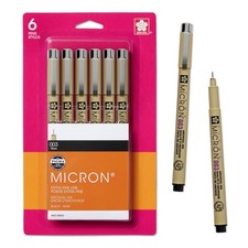 SAKURA Pigma Micron Fineliner Pens, 003 Tip Size, Archival Black Ink, 6PK 50033
