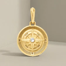 Real Gold Lab Grown Diamond 14K Yellow Gold Compass Pendant Medallion Charm