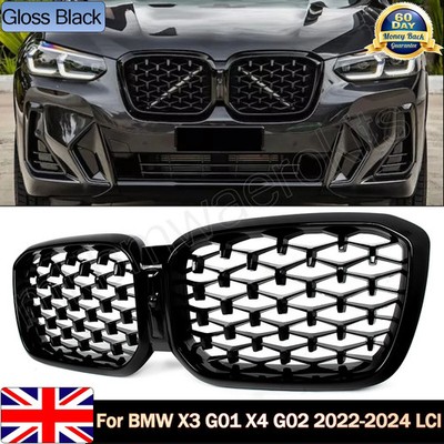  For BMW 22 23 X3 X4 G01 G02 Diamond Style Gloss Black Front Kidney Grill Grille
