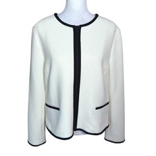 TALBOTS NWT Women's 14 Ivory Black Trim Textured Zip Front Blazer Jacket Pockets
