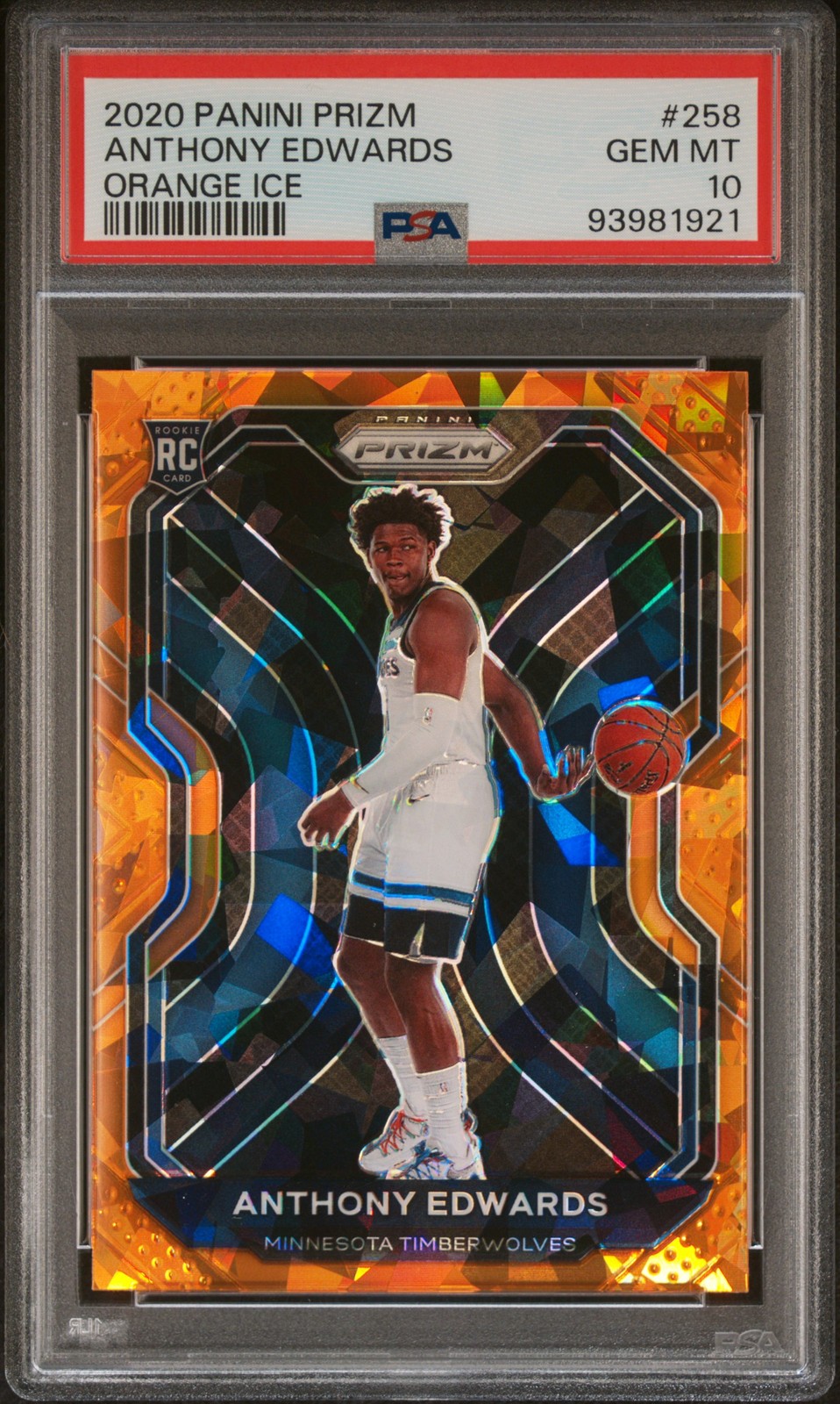 2020 PANINI PRIZM #258 ANTHONY EDWARDS ORANGE ICE RC PSA 10