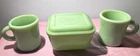 Vtg Fire King Jadeite Philbe  Refrigerator Dish W/ LID & 2 Restaurant "C" Mugs