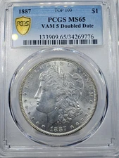1887 Morgan Silver Dollar, TOP 100 PCGS MS65 VAM 5 DOUBLED DATE True View 