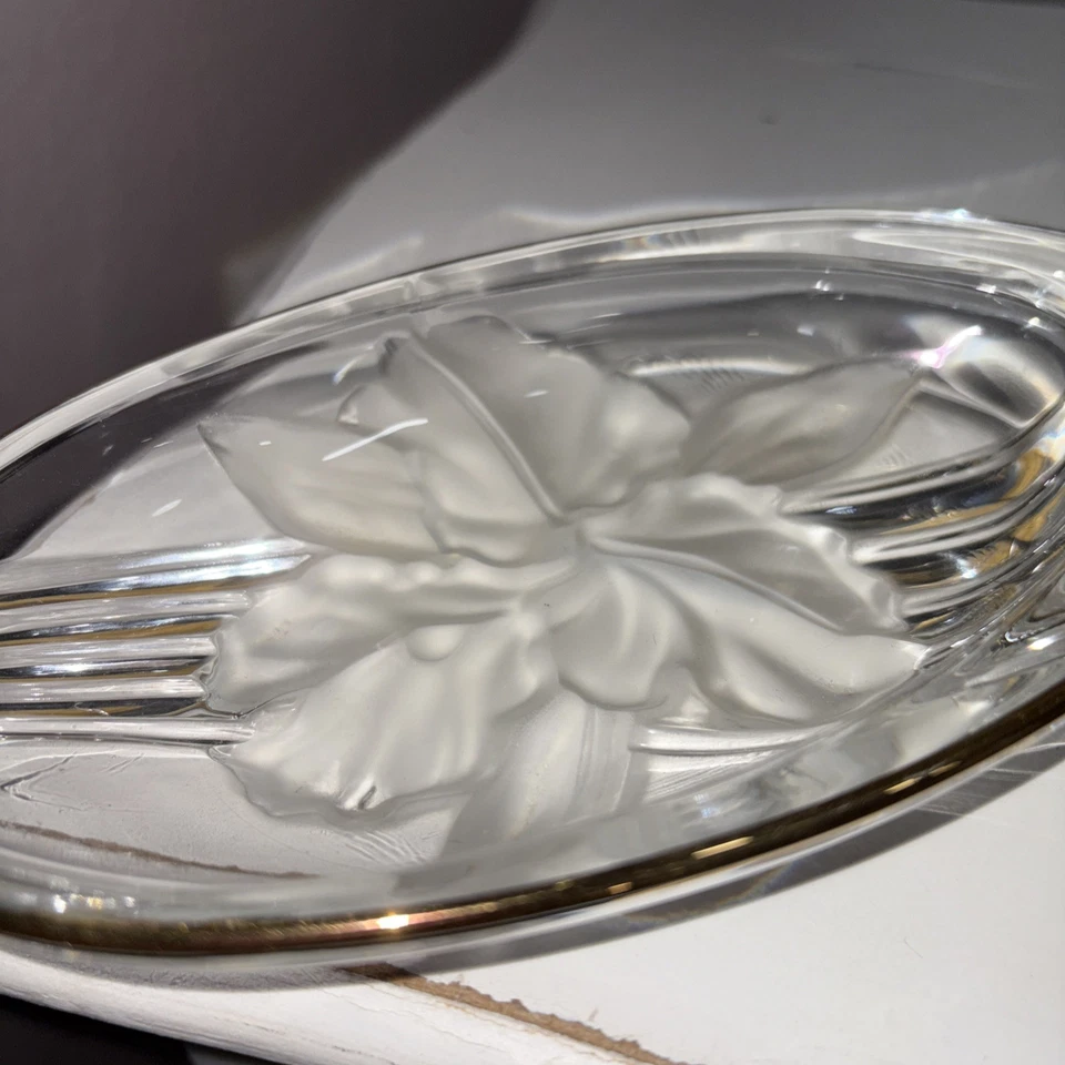 Vtg Studio Nova Crystal Frosted Orchid Flower Oval Open Candy Dish Gold Trim 7"L - Image 4 of 4